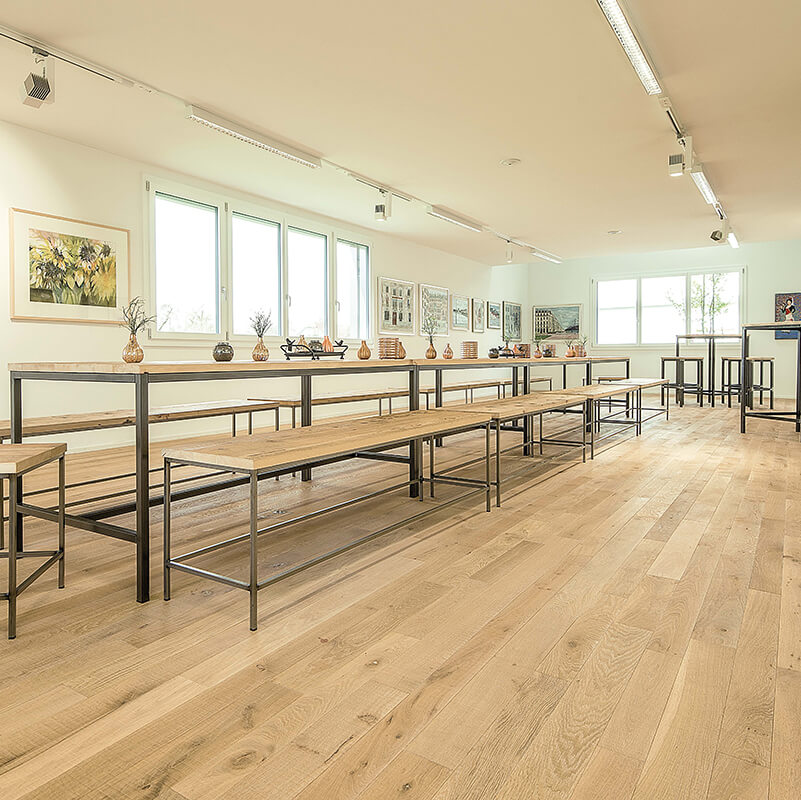 Parkett Nova Antica 90/110, Massivholzdiele aus franz. Eiche, weisser Pfeffer, sägeroh